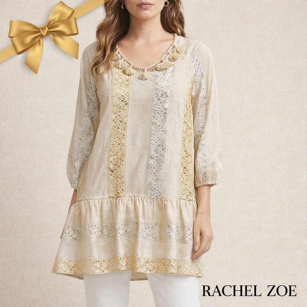 Rachel Zoe Silk Metallic Jacquard Boho Tunic Dress 6